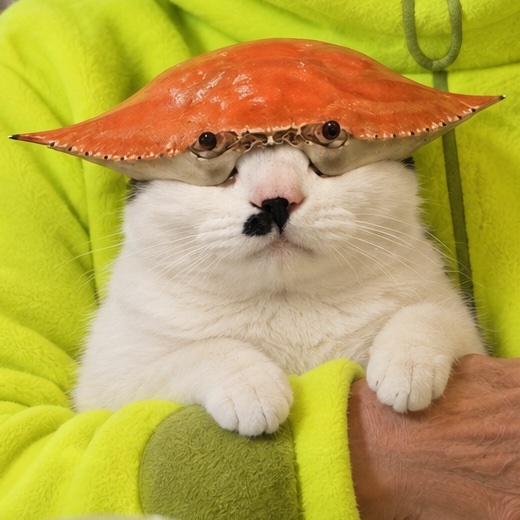 Crab Cat: a white cat wearing a crab shell on its head